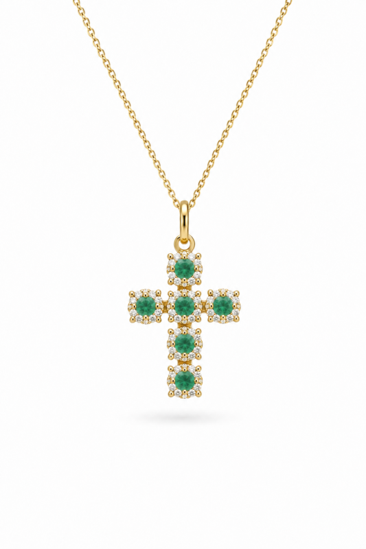 Cruz Divina Éternelle en oro 18K con esmeraldas naturales colombianas – Ruby Éternelle