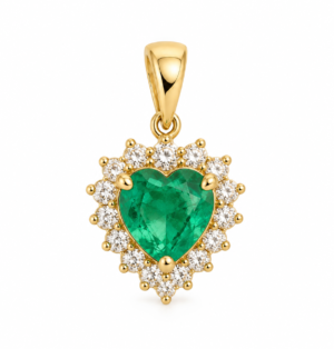 Dije corazón en oro 18K con esmeralda natural y circones blancos