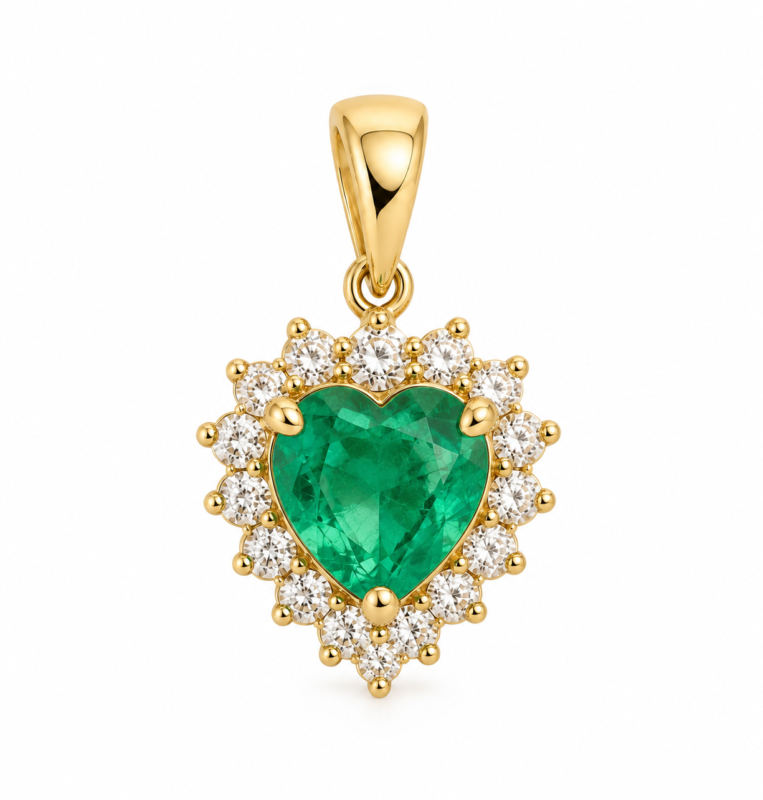 Dije corazón en oro 18K con esmeralda natural y circones blancos